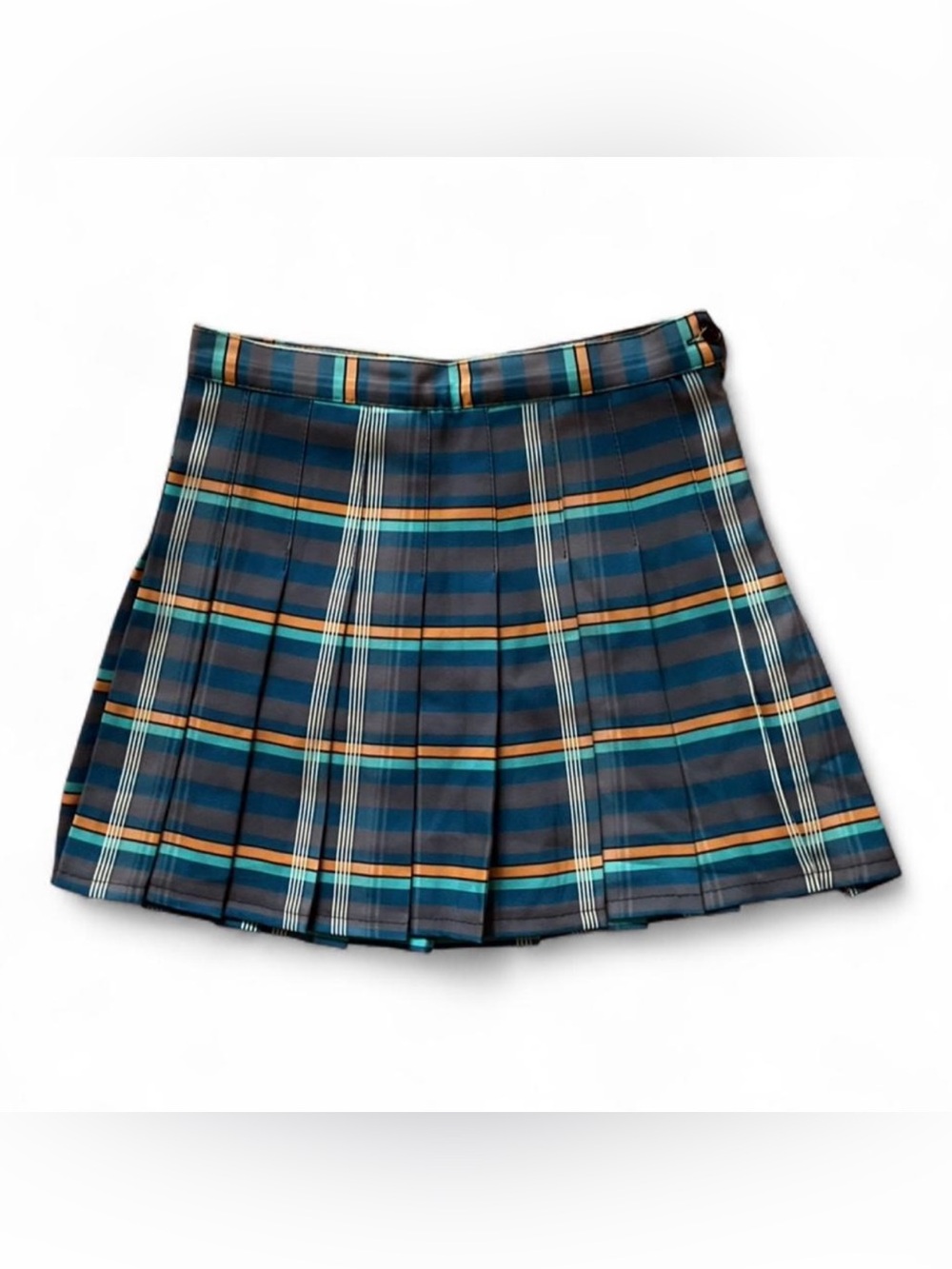 Pleated Plaid Mini Skort | S | Blue, Grey, Orange, White